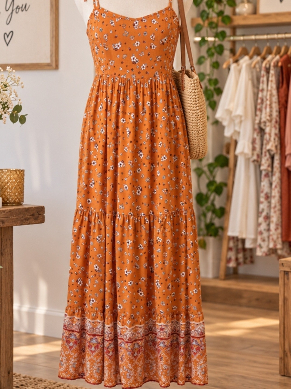 Women's Orange Floral Maxi Dress with Border Print